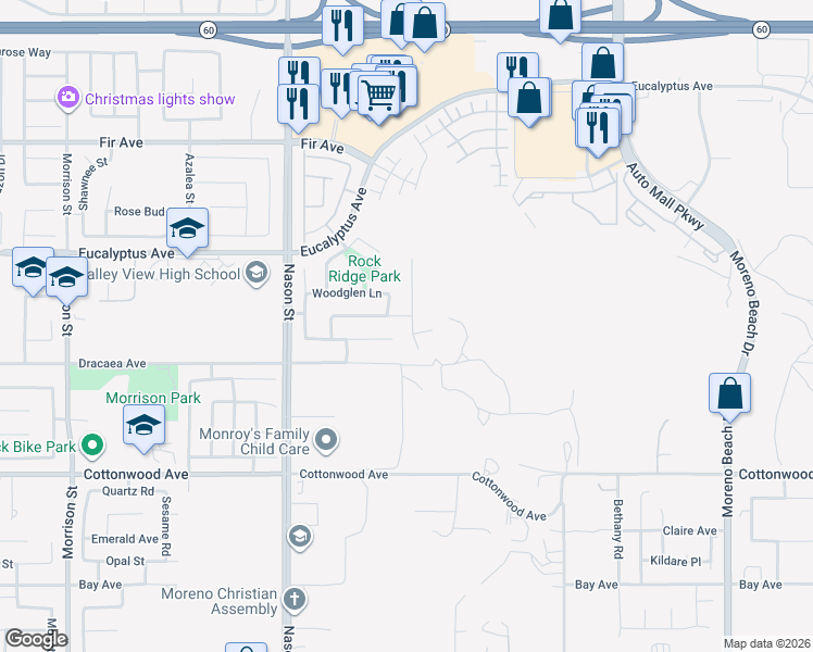 map of restaurants, bars, coffee shops, grocery stores, and more near 13163 Wild Sage Lane in Moreno Valley