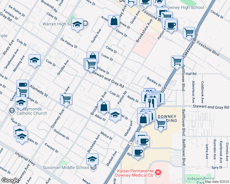 map of restaurants, bars, coffee shops, grocery stores, and more near 8537 Cole Street in Downey