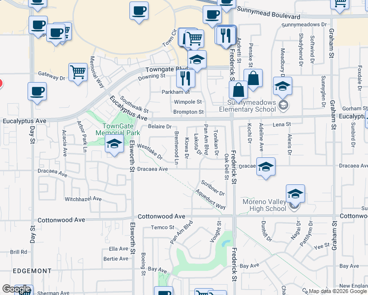 map of restaurants, bars, coffee shops, grocery stores, and more near 13139 Kiowa Drive in Moreno Valley