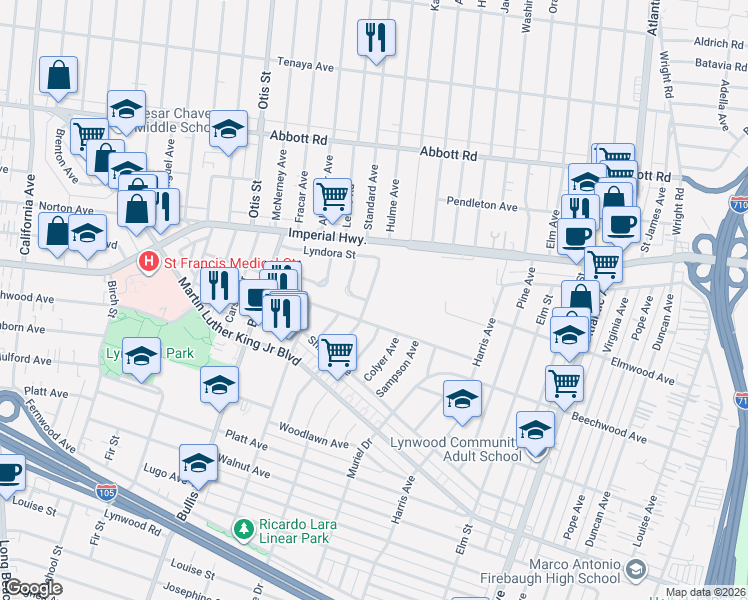 map of restaurants, bars, coffee shops, grocery stores, and more near 11098 Hulme Avenue in Lynwood