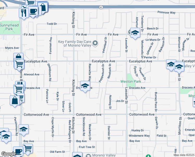 map of restaurants, bars, coffee shops, grocery stores, and more near 13170 Oilnut Court in Moreno Valley