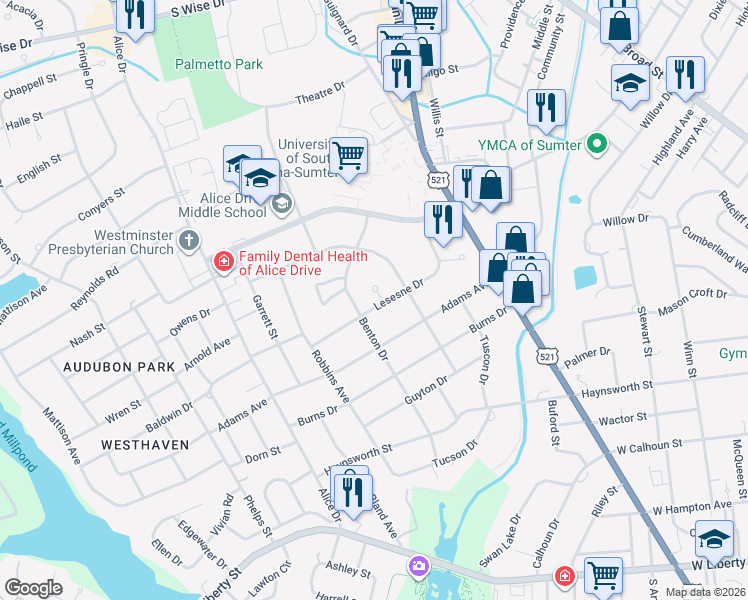 map of restaurants, bars, coffee shops, grocery stores, and more near 10 Pickens Court in Sumter