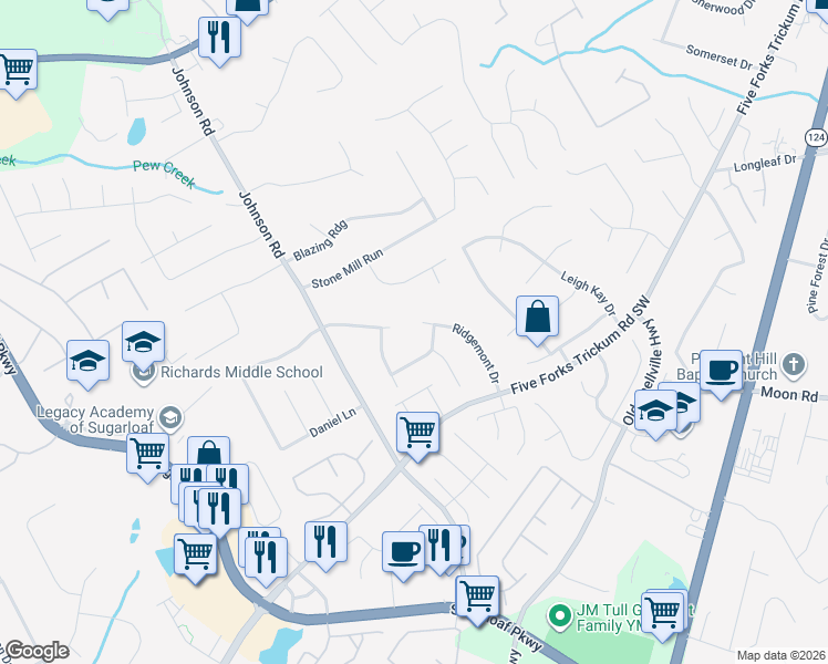 map of restaurants, bars, coffee shops, grocery stores, and more near 374 Ridgemont Drive in Lawrenceville