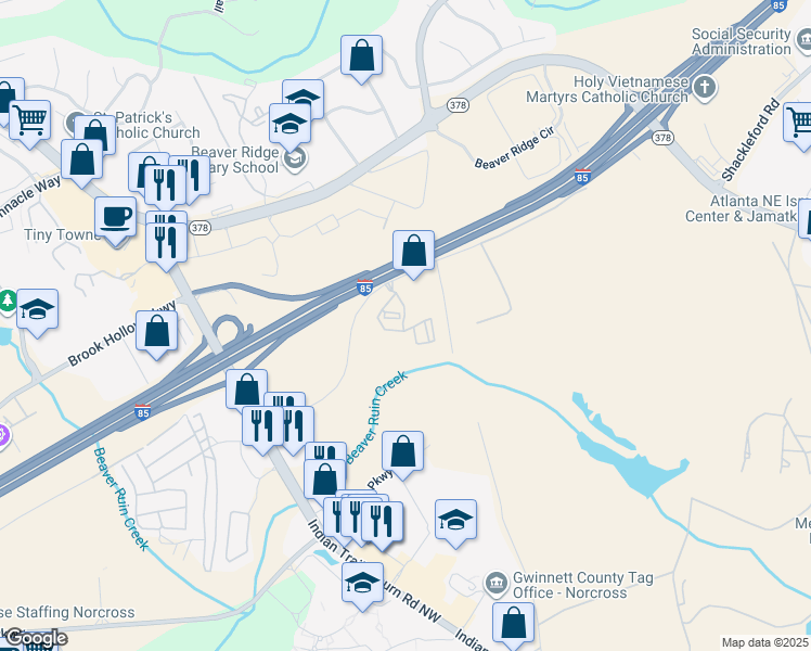 map of restaurants, bars, coffee shops, grocery stores, and more near 316 Willow Trail Drive in Norcross