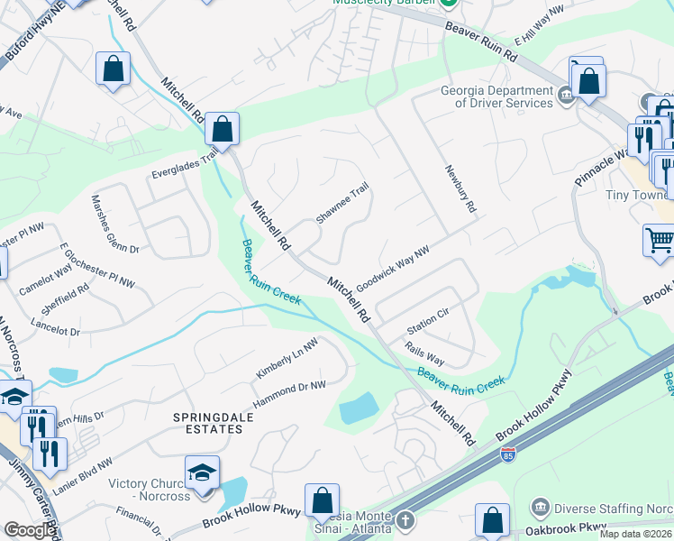 map of restaurants, bars, coffee shops, grocery stores, and more near 1989 Summertown Drive in Norcross