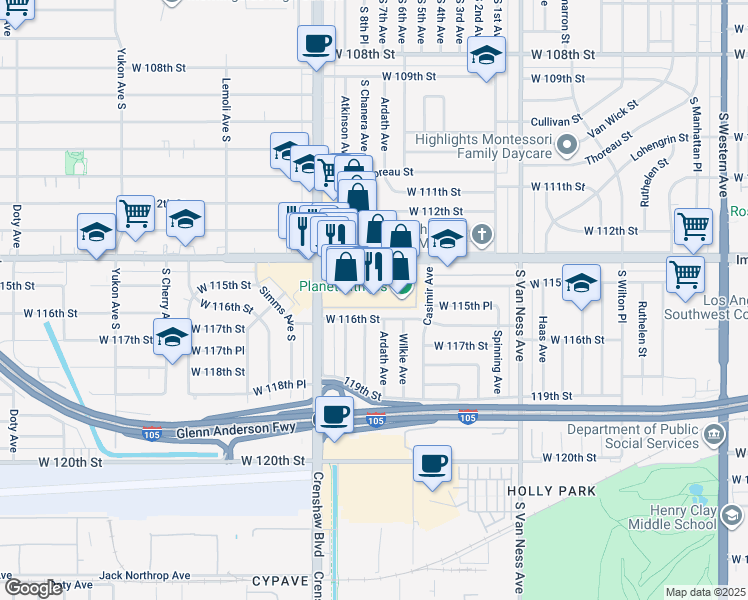 map of restaurants, bars, coffee shops, grocery stores, and more near 2864 West Imperial Highway in Inglewood