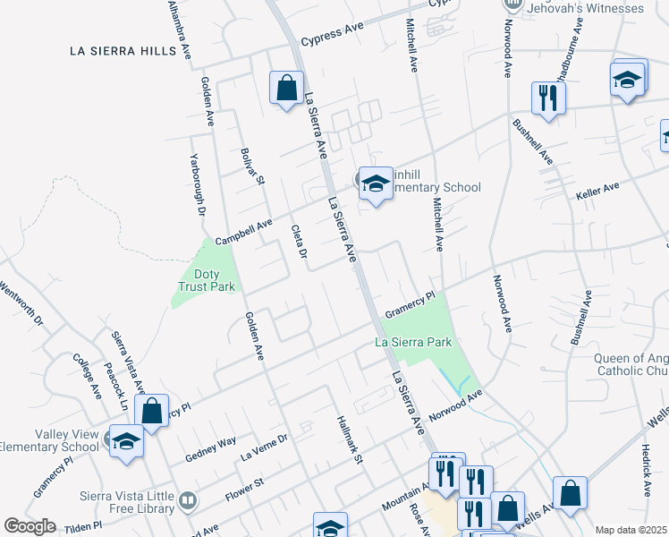 map of restaurants, bars, coffee shops, grocery stores, and more near 11136 Thrush Drive in Riverside