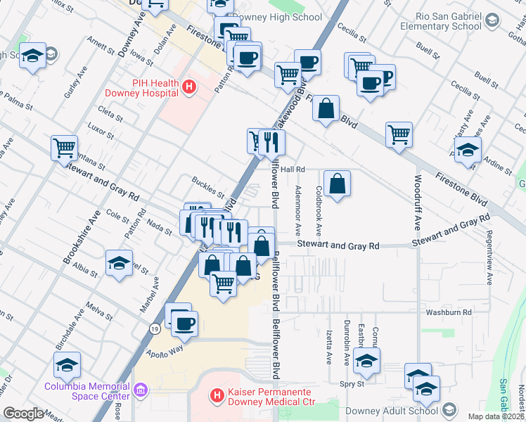 map of restaurants, bars, coffee shops, grocery stores, and more near 11702 Corrigan Avenue in Downey