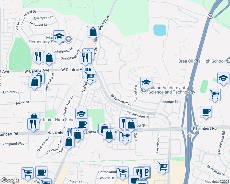 map of restaurants, bars, coffee shops, grocery stores, and more near 673 Cliffwood Avenue in Brea