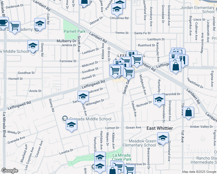 map of restaurants, bars, coffee shops, grocery stores, and more near 11522 Kibbee Avenue in Whittier