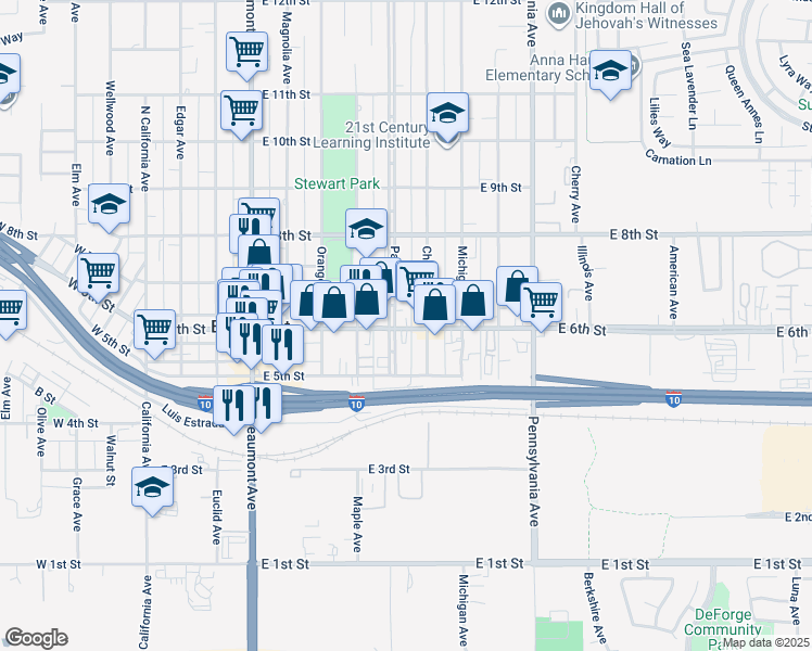 map of restaurants, bars, coffee shops, grocery stores, and more near 614 Palm Avenue in Beaumont
