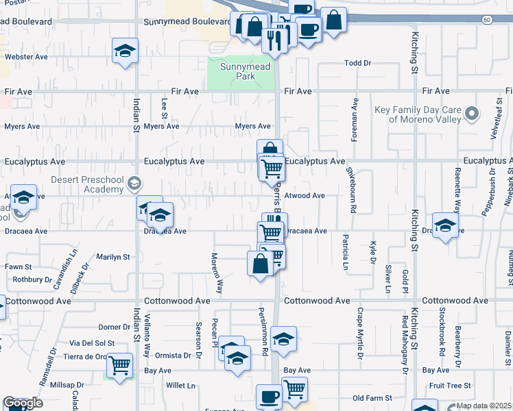 map of restaurants, bars, coffee shops, grocery stores, and more near 24922 Atwood Avenue in Moreno Valley
