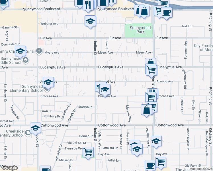 map of restaurants, bars, coffee shops, grocery stores, and more near 24550 Atwood Avenue in Moreno Valley