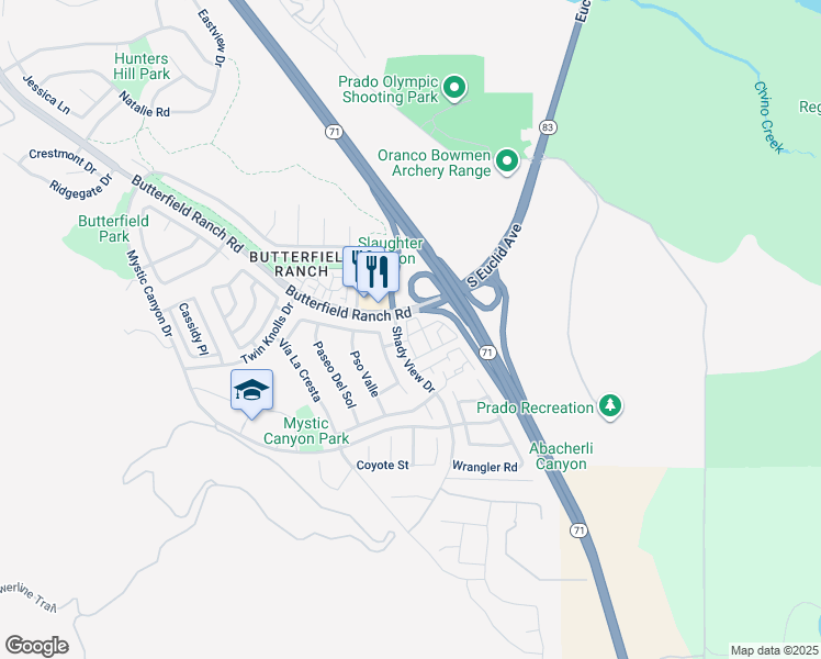 map of restaurants, bars, coffee shops, grocery stores, and more near 6537 Butterfield Ranch Road in Chino Hills