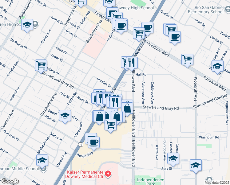 map of restaurants, bars, coffee shops, grocery stores, and more near 9000 Buckles Street in Downey