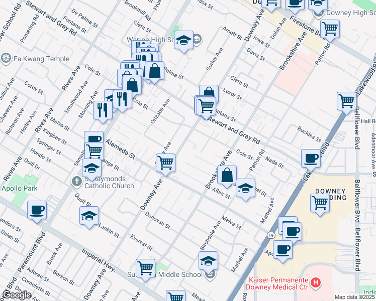 map of restaurants, bars, coffee shops, grocery stores, and more near 12030 Downey Avenue in Downey