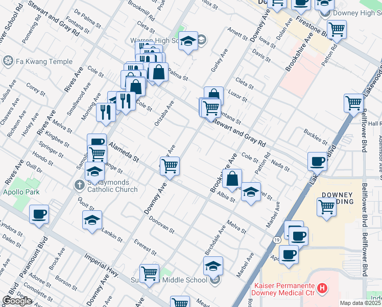 map of restaurants, bars, coffee shops, grocery stores, and more near 12054 Downey Avenue in Downey