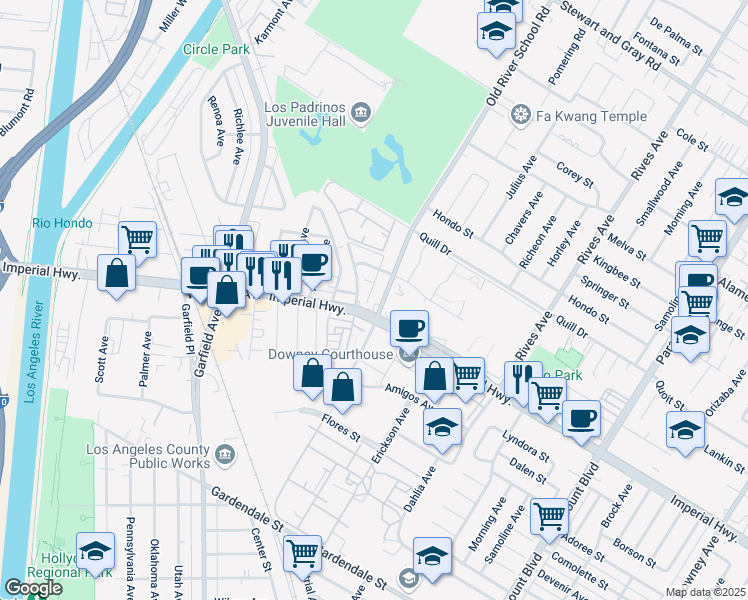 map of restaurants, bars, coffee shops, grocery stores, and more near 12531 Old River School Road in Downey