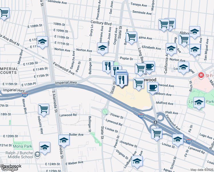 map of restaurants, bars, coffee shops, grocery stores, and more near 2975 Beechwood Avenue in Lynwood