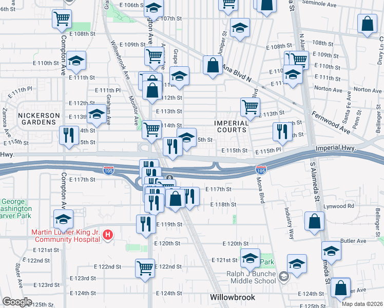 map of restaurants, bars, coffee shops, grocery stores, and more near 11510 Grape Street in Los Angeles