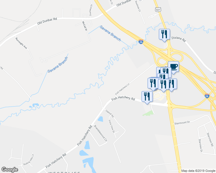 map of restaurants, bars, coffee shops, grocery stores, and more near 2490 Fish Hatchery Road in West Columbia