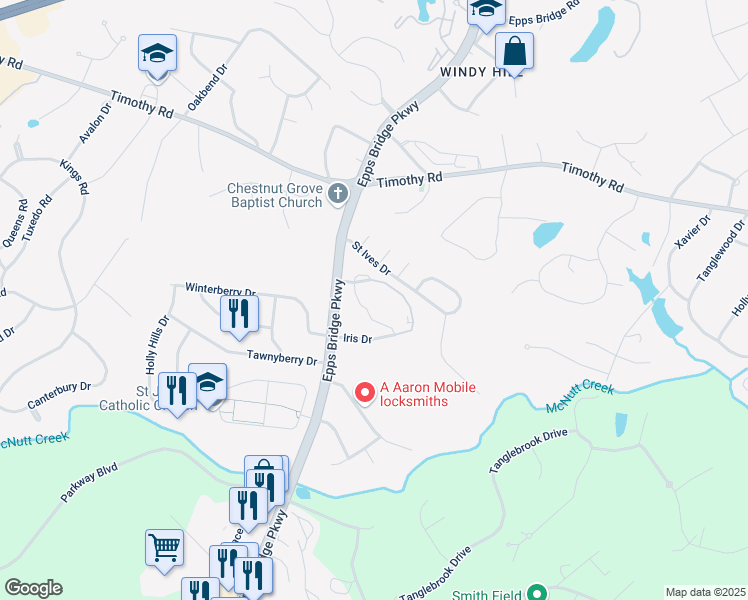 map of restaurants, bars, coffee shops, grocery stores, and more near 40 Iris Drive in Athens