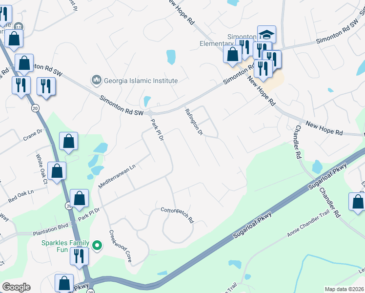 map of restaurants, bars, coffee shops, grocery stores, and more near 1021 Waverly Drive in Lawrenceville