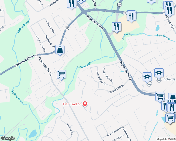 map of restaurants, bars, coffee shops, grocery stores, and more near 250 Lazy Willow Lane in Lawrenceville