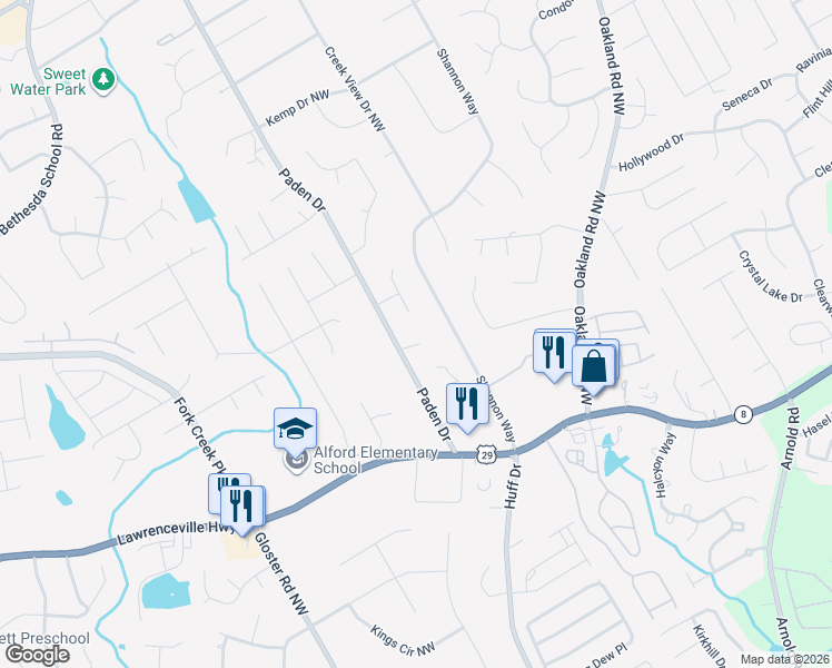 map of restaurants, bars, coffee shops, grocery stores, and more near 2469 Farmington Court in Lawrenceville