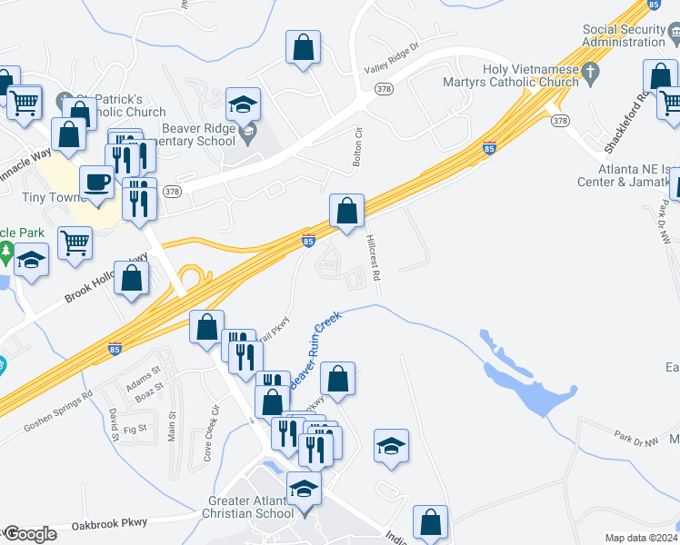 map of restaurants, bars, coffee shops, grocery stores, and more near 316 Willow Trail Drive in Norcross