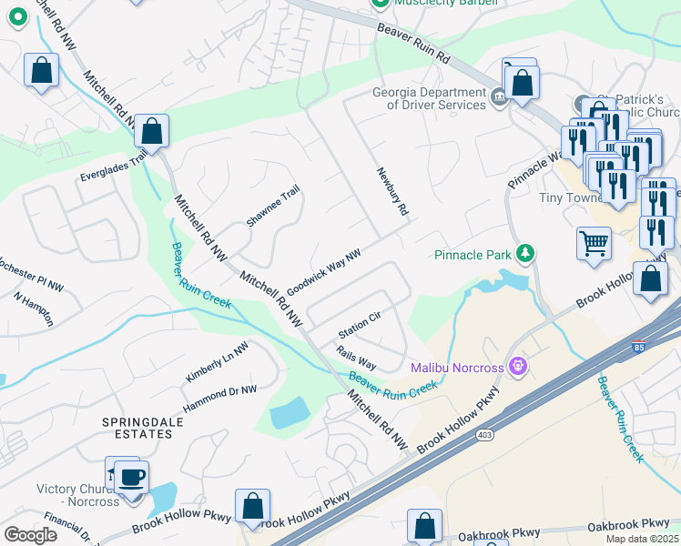 map of restaurants, bars, coffee shops, grocery stores, and more near 5481 Goodwick Way Northwest in Norcross