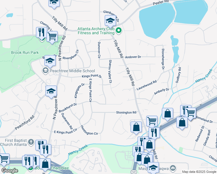 map of restaurants, bars, coffee shops, grocery stores, and more near 2452 Kings Point Drive in Dunwoody