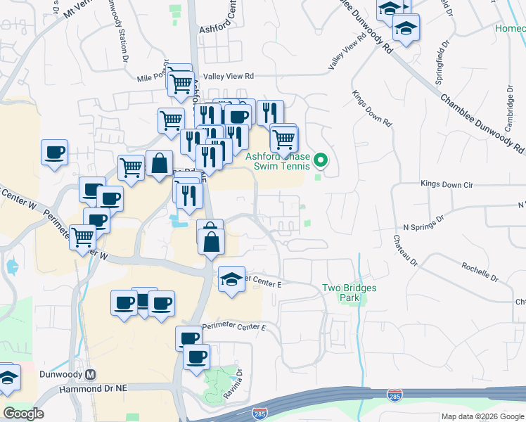 map of restaurants, bars, coffee shops, grocery stores, and more near 9127 Madison Drive in Dunwoody