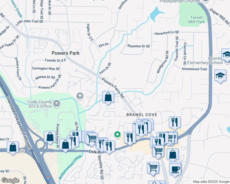 map of restaurants, bars, coffee shops, grocery stores, and more near 852 Powers Ferry Road in Marietta