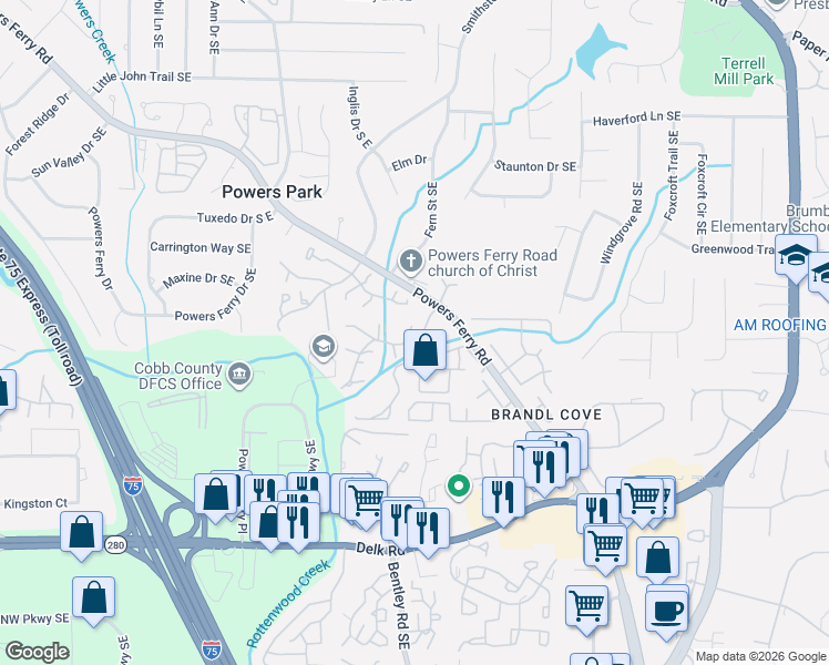 map of restaurants, bars, coffee shops, grocery stores, and more near 883 Cedar Canyon Square in Marietta