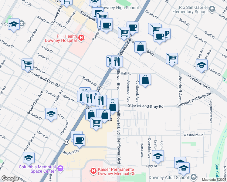 map of restaurants, bars, coffee shops, grocery stores, and more near 11702 Corrigan Avenue in Downey
