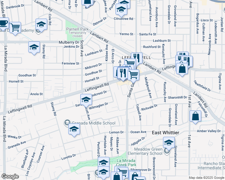 map of restaurants, bars, coffee shops, grocery stores, and more near 11522 Kibbee Avenue in Whittier