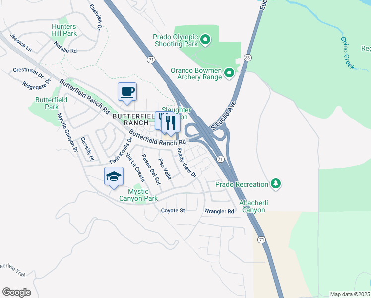 map of restaurants, bars, coffee shops, grocery stores, and more near 6537 Butterfield Ranch Road in Chino Hills