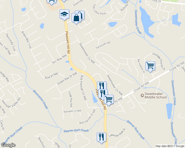 map of restaurants, bars, coffee shops, grocery stores, and more near 3667 McClaren Way in Lawrenceville
