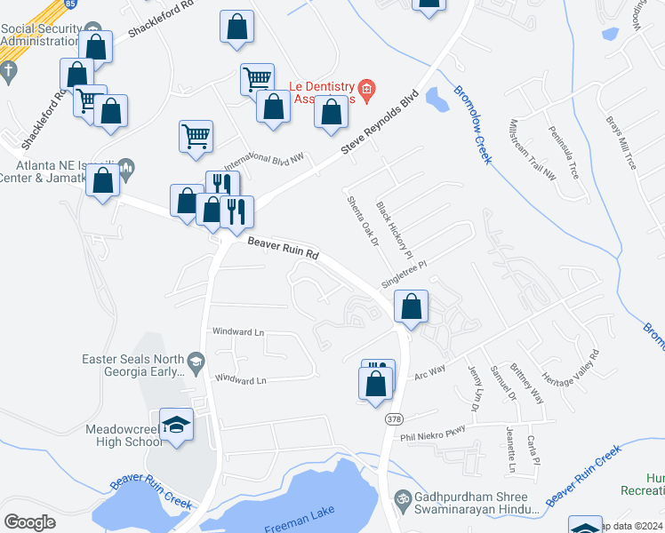 map of restaurants, bars, coffee shops, grocery stores, and more near 1400 Beaver Ruin Road in Norcross