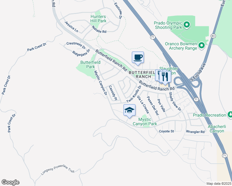 map of restaurants, bars, coffee shops, grocery stores, and more near 17858 Lone Ranger Trail in Chino Hills