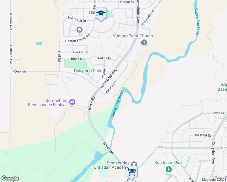 map of restaurants, bars, coffee shops, grocery stores, and more near 8684 Kendra Lane in Corona