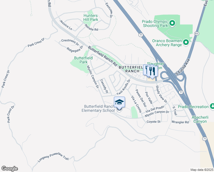 map of restaurants, bars, coffee shops, grocery stores, and more near 17858 Lone Ranger Trail in Chino Hills