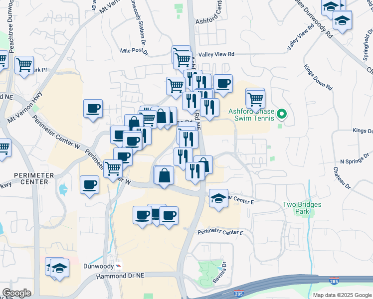map of restaurants, bars, coffee shops, grocery stores, and more near 400 Perimeter Center Place in Dunwoody