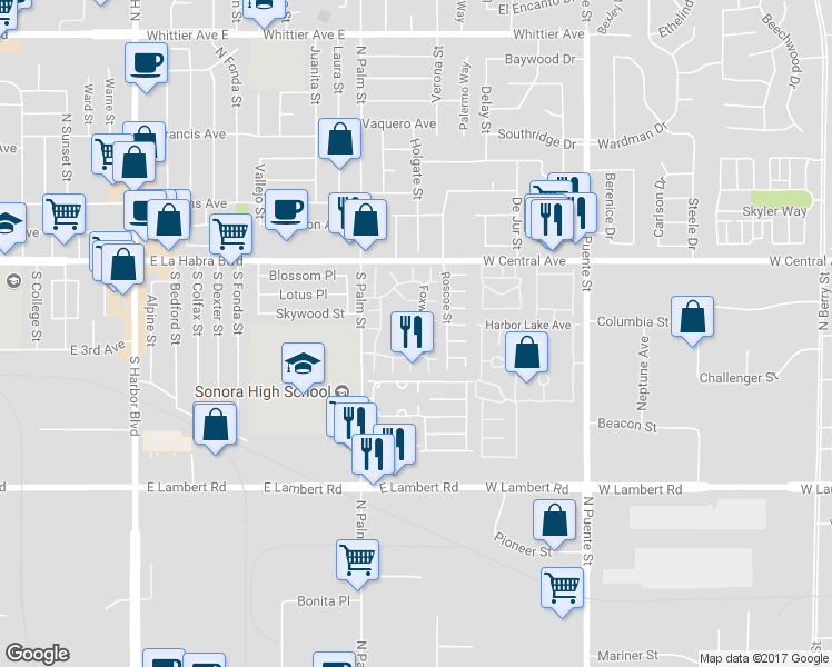 map of restaurants, bars, coffee shops, grocery stores, and more near 1633 Gatewood Court in Brea