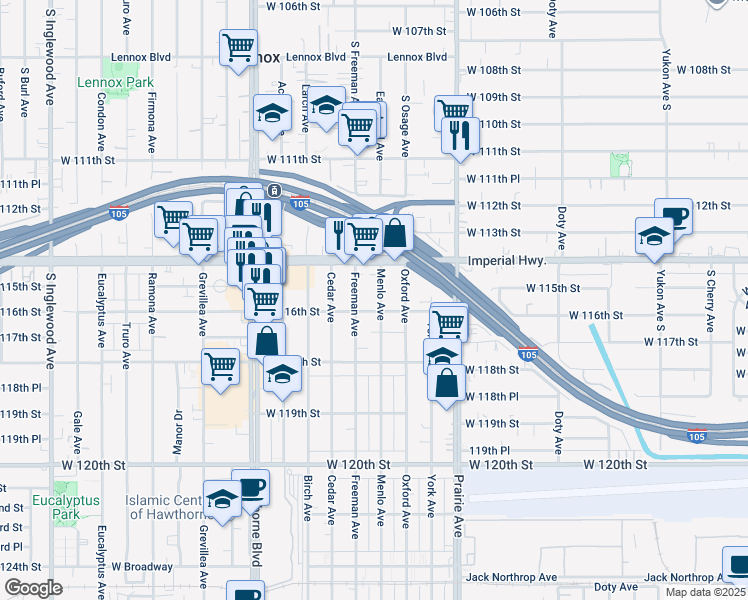map of restaurants, bars, coffee shops, grocery stores, and more near 11523 Menlo Avenue in Hawthorne