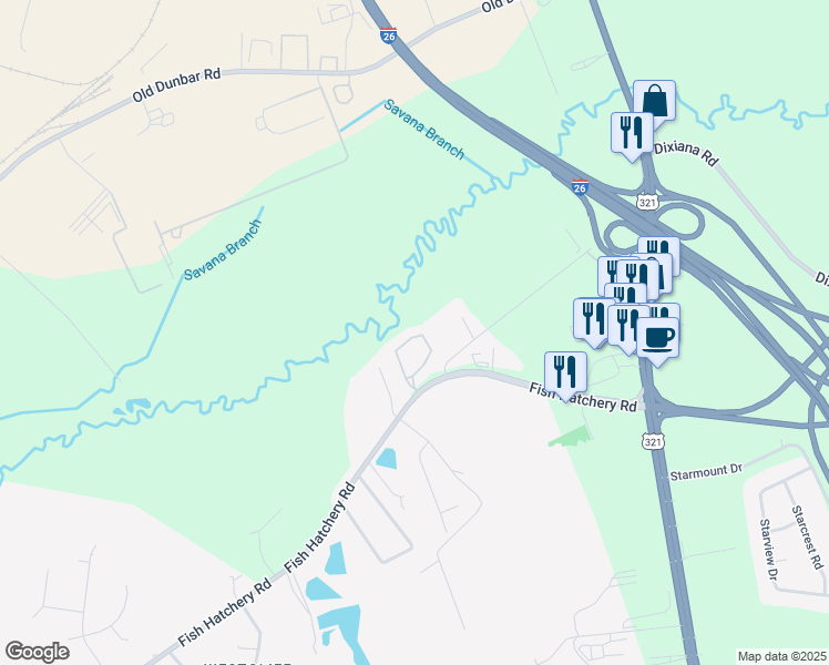 map of restaurants, bars, coffee shops, grocery stores, and more near 2490 Fish Hatchery Road in West Columbia