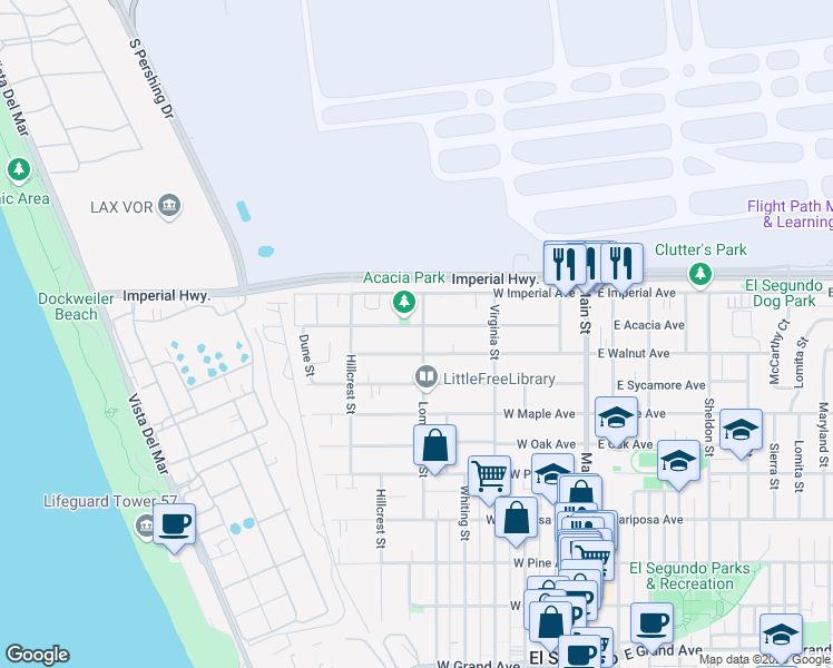 map of restaurants, bars, coffee shops, grocery stores, and more near 917 Loma Vista Street in El Segundo