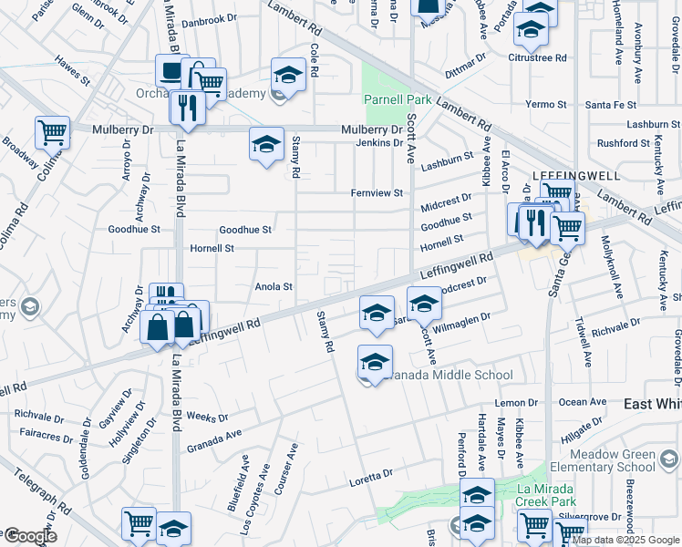 map of restaurants, bars, coffee shops, grocery stores, and more near 11245 Gladhill Road in Whittier