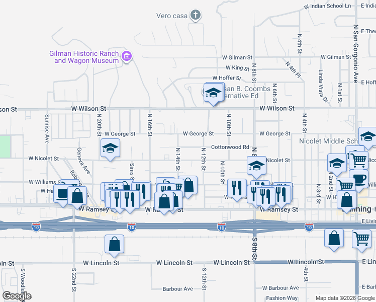 map of restaurants, bars, coffee shops, grocery stores, and more near 1253 Cottonwood Road in Banning